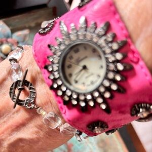 Vintage 80’s Wide Ostrich Pink Leather Studded Crystal AdjustableBracelet Watch